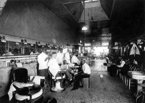 Historic black and white barbershop interior