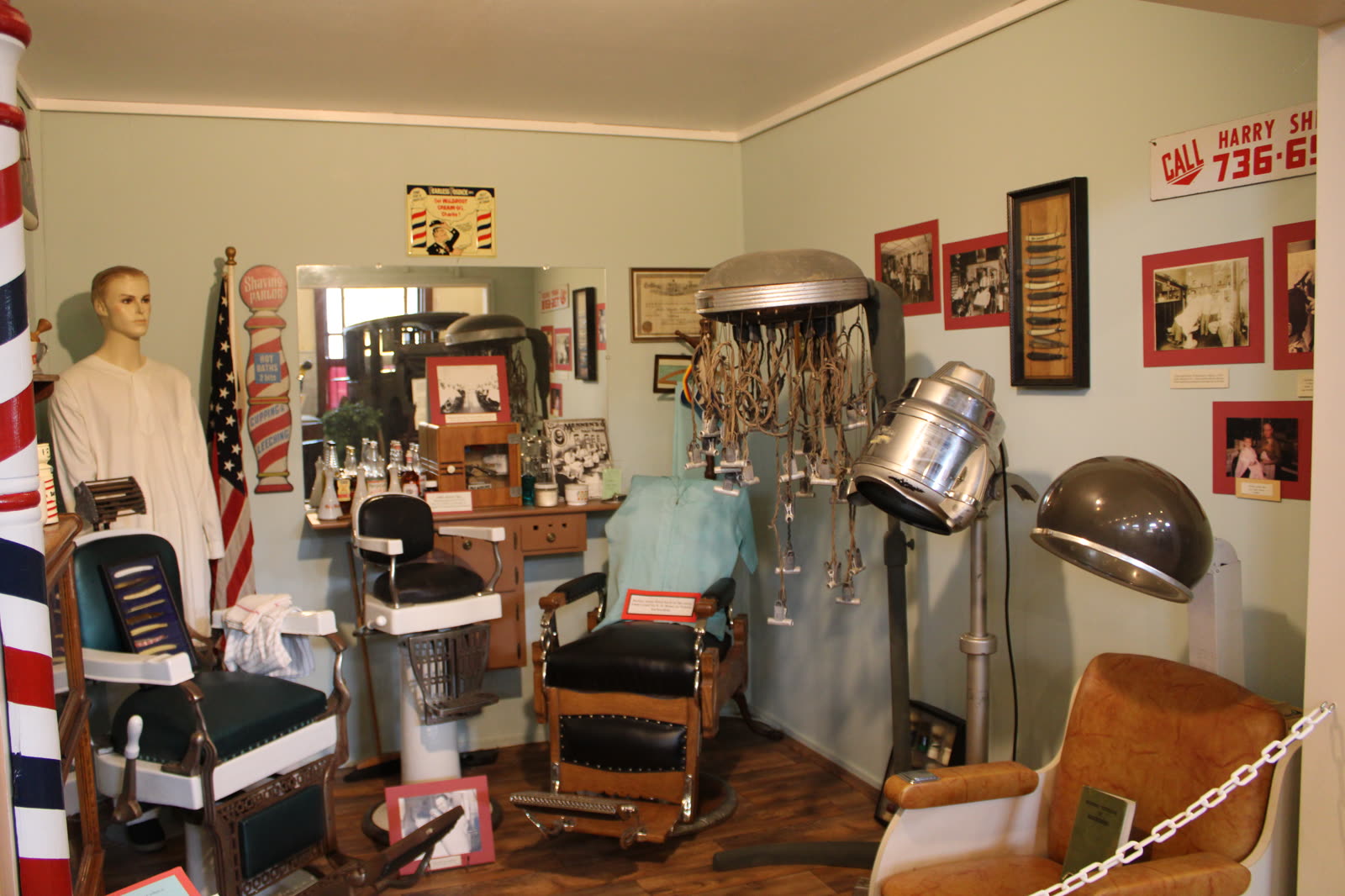 Vintage barbershop interior display and barber chairs